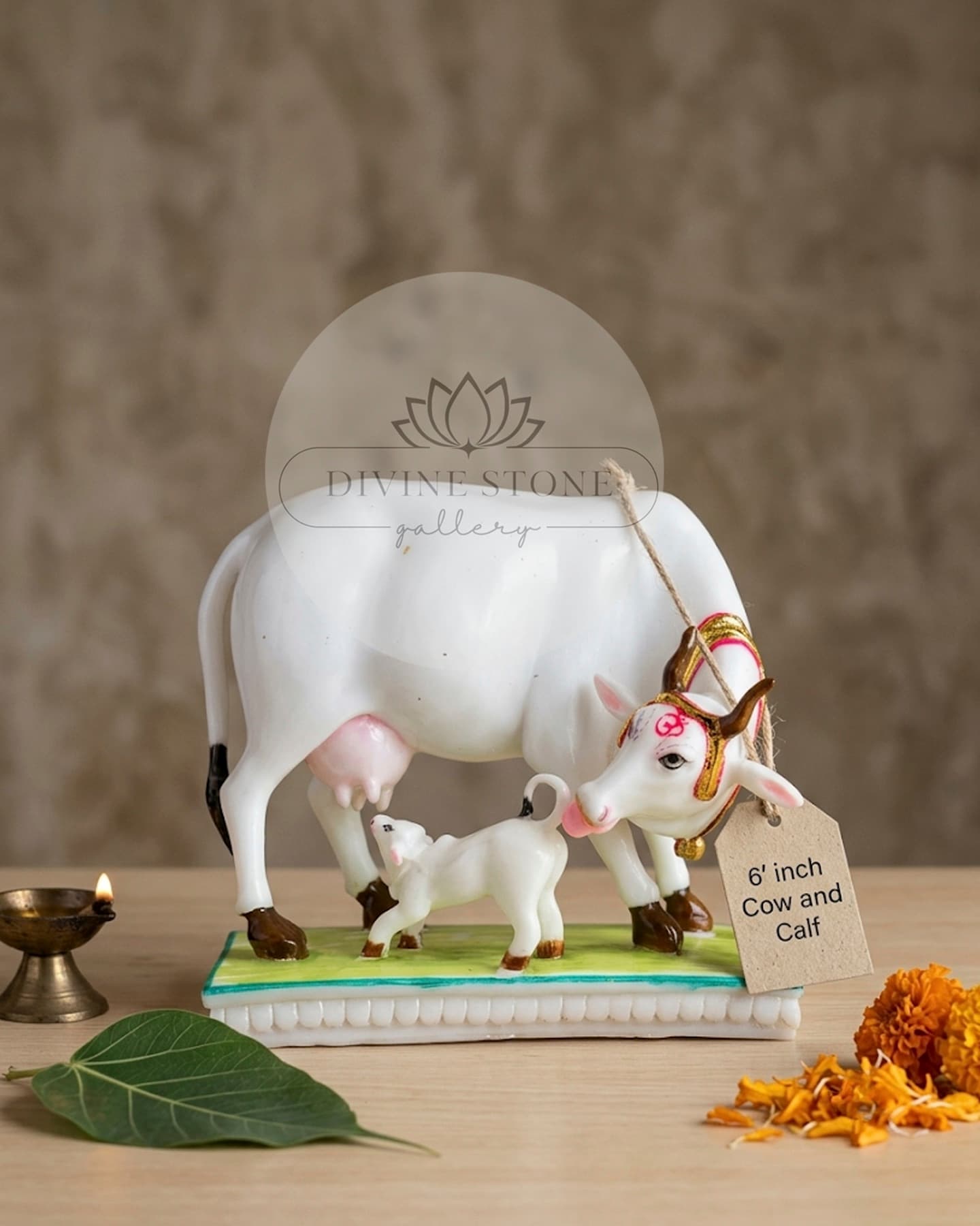 Gau Mata and calf miniature marble sculpture