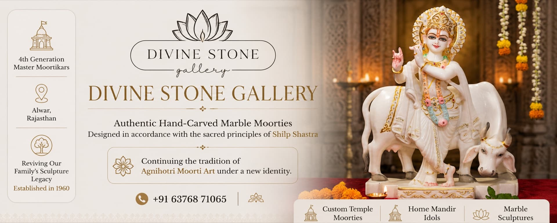 Divine Stone Gallery identity and hand-carved Krishna marble moorti